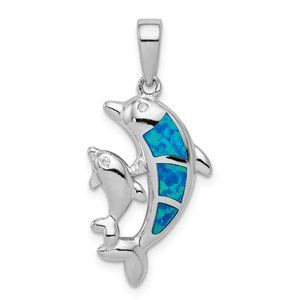 Sterling Silver Blue Created Opal Dolphin Pendant